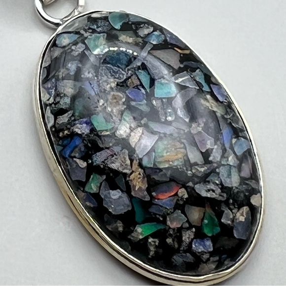 New Ethiopian Opal Silver Overlay Pendant Necklace With Cord - Picture 4 of 5